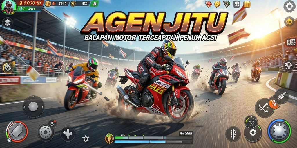 Tampilan gameplay seru dalam AGENJITU saat balapan motor.