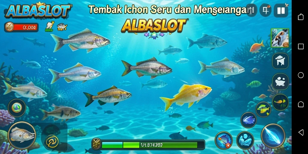 Screenshot gameplay <strong>ALBASLOT</strong> menampilkan aksi seru menembak ikan.