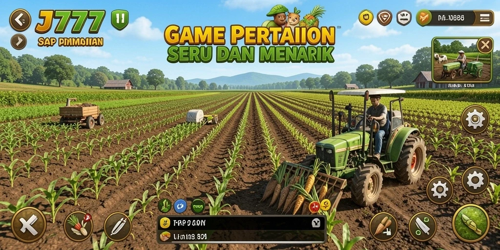 Screenshot utama JT777 menampilkan peternakan yang asri dan tanaman hijau melimpah.