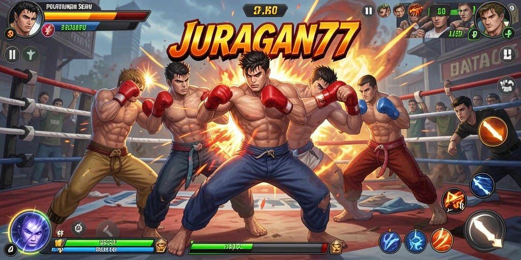 Screenshot utama menunjukkan aksi pertarungan intens JURAGAN77.
