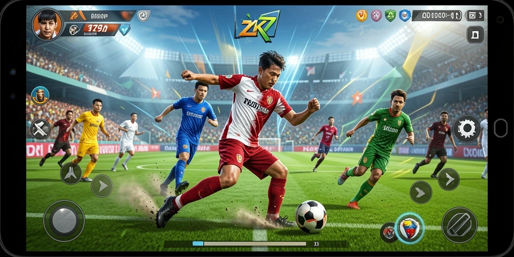 Screenshot gameplay ZK7 yang menunjukkan aksi pertandingan sepak bola.